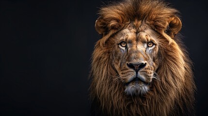 Fototapeta premium Detailed lion's face with piercing eyes on a dark background.
