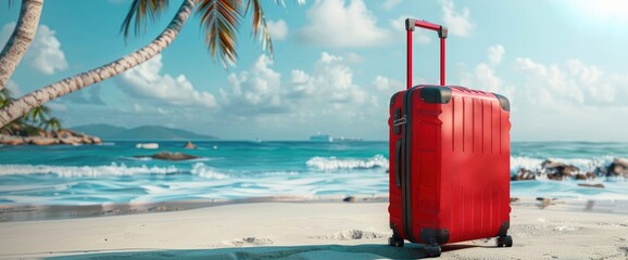 The Red Luggage On The Beach, A Summer Travel Concept, Evoking Excitement And Adventure