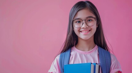 Fototapeta premium Portrait of Smiling Asian School Girl with Glasses and Backpack Holding Books on Pink Background