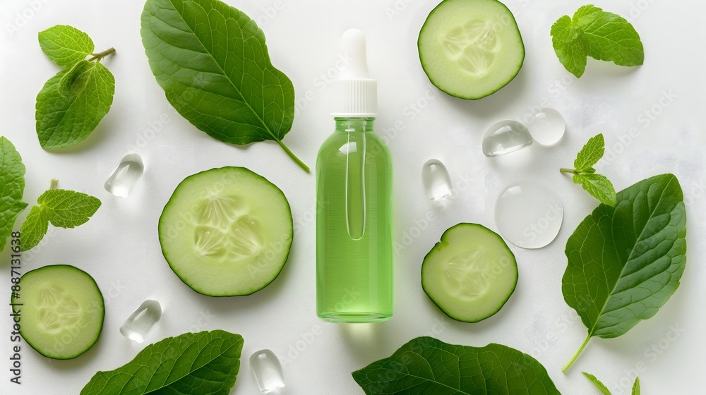 Poster 2. a bottle of cucumber extract with cucumber slices and leaves surrounding it, set against a clean 