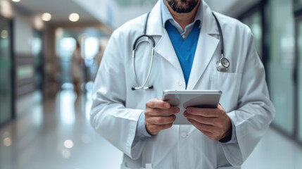 A male doctor in a white coat using a digital tablet in a hospital hallway, focused on patient information or medical records.