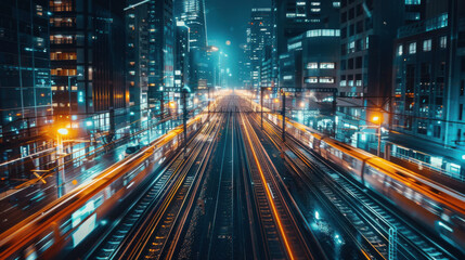 Fototapeta premium A night cityscape featuring bright, blurred lights of trains moving through the city, showcasing urban energy and motion.