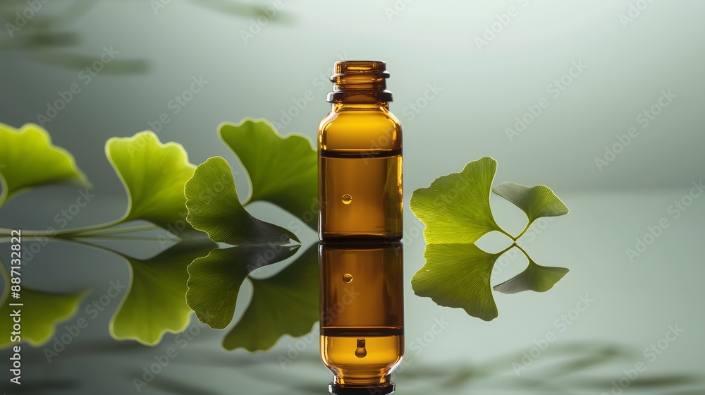Aufkleber 2. a bottle of ginkgo biloba extract with fresh leaves and a drop of extract on a reflective surface