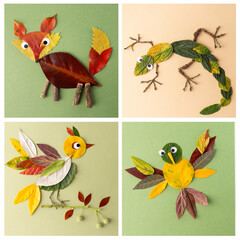 Collage of four squares featuring animals crafted from leaves and natural materials on solid backgrounds. Ideal for nature-inspired art collections