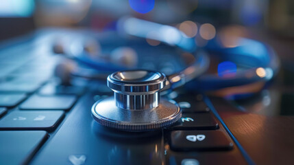 Close-up of a stethoscope resting on a laptop, symbolizing modern healthcare and medical technology.