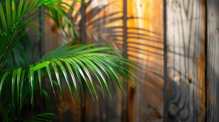 bangalow palm frond outdoor in front of wooden fence at shallow depth of field
