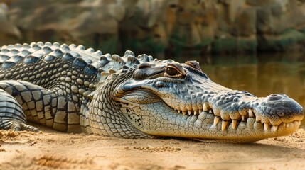 Obraz premium Close up crocodile laying in sand
