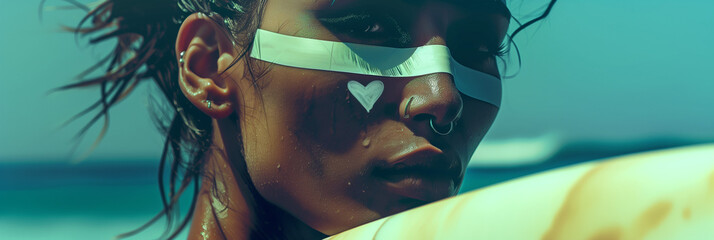 Surfer with Face Paint and Surfboard