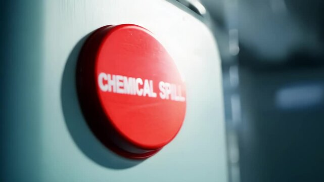 A bright red emergency button labeled chemical spill in a closeup shot reminding workers of safety protocols.