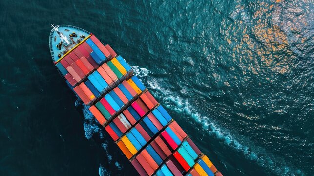 Aerial top view Container carrier ship and business logistic commercial intermodal freight transport in import export Cargo ship of international travel sea freight around the world Container ship