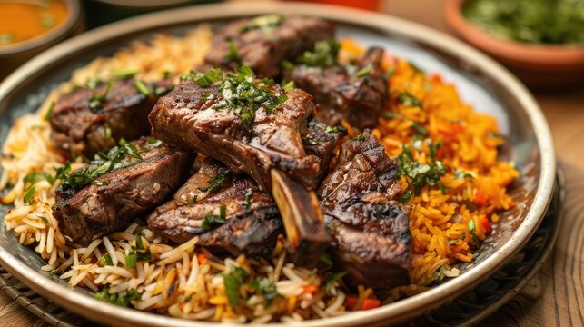 A plate of mandi rice with grilled lamb