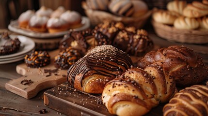 Freshly baked sweet bread buns with chocolate Assortment of baked goods on the counter