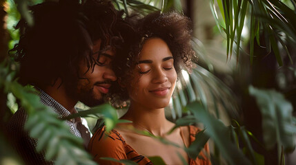 Young couple embracing and enjoying a moment of closeness surrounded by lush green foliage in a natural setting.