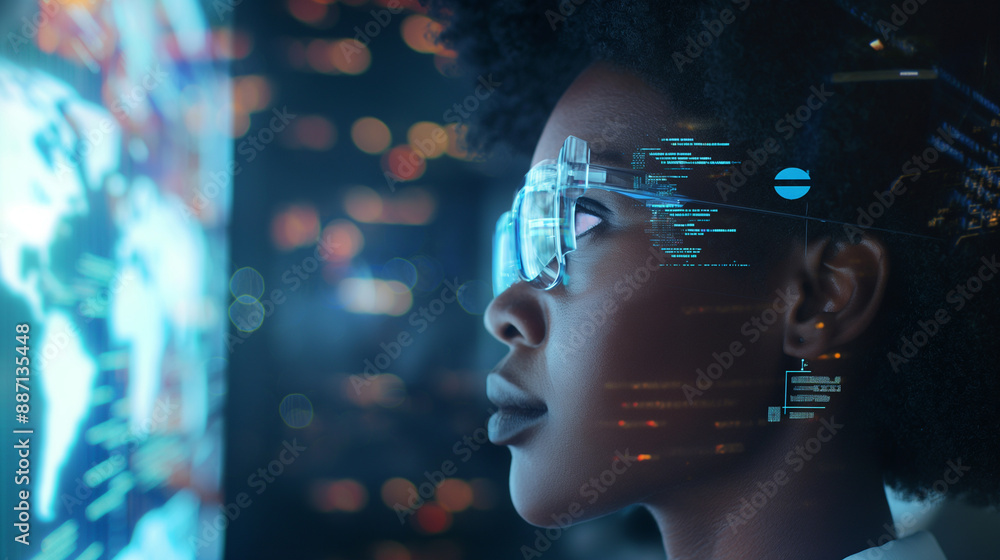 Poster a side profile of a black african american female it expert, analyzing real-time data from ai-driven