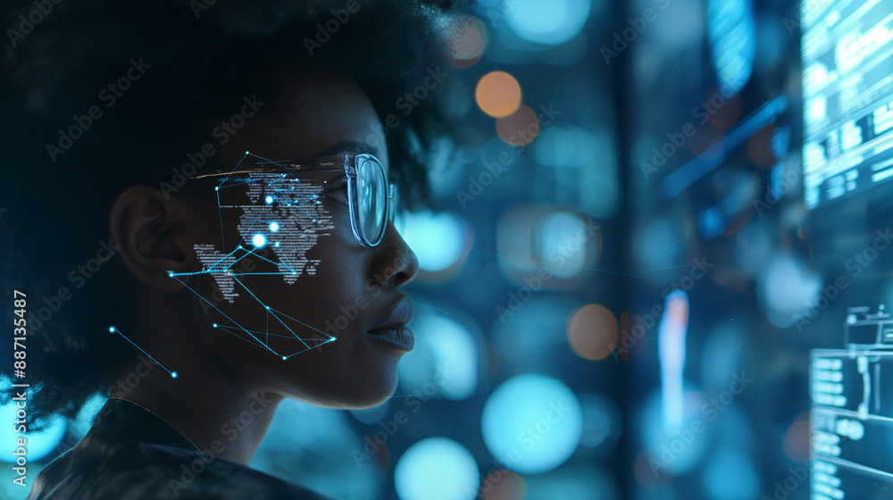 Poster a black african american female cybersecurity analyst in side profile, working with a digital interf