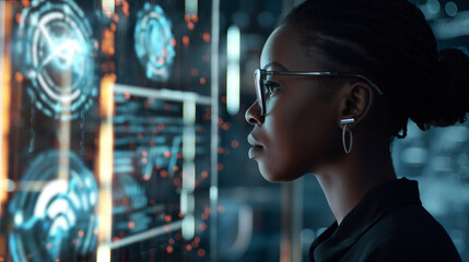 Naklejka premium A black African American female cybersecurity analyst in side profile, working with a digital interface filled with AI threat detection visuals and data streams.