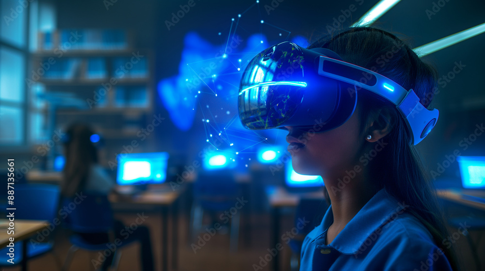 Aufkleber a student wearing a vr headset in a classroom, surrounded by blue ai holograms that enhance the lear