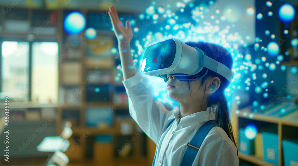 Poster a young learner with a vr headset, engaging with ai-driven blue holograms that make learning fun and
