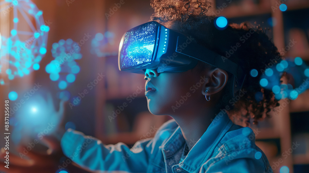 Poster a young learner with a vr headset, engaging with ai-driven blue holograms that make learning fun and