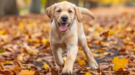 A golden retriever puppy running through fallen autumn leaves