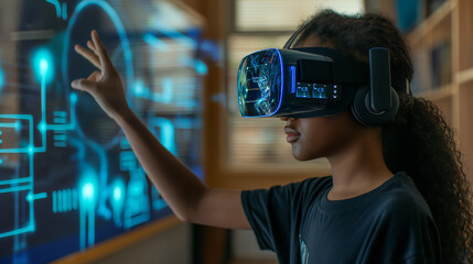 A student wearing a VR headset in a classroom, interacting with AI-generated blue holograms that teach coding and programming concepts.