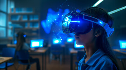 A student wearing a VR headset in a classroom, surrounded by blue AI holograms that enhance the learning experience with machine learning simulations.