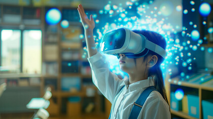 A young learner with a VR headset, engaging with AI-driven blue holograms that make learning fun and interactive in a smart classroom.