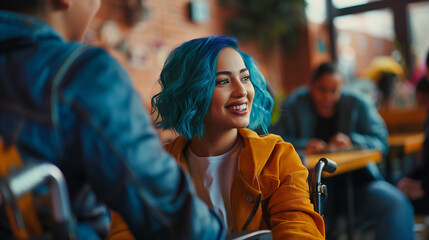 A joyful disabled female student with blue hair in a wheelchair, engaged in a lively conversation with friends at an inclusive and accessible campus hangout spot.