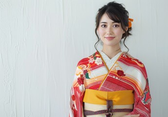 赤い浴衣のかわいい女性の全身　白背景
