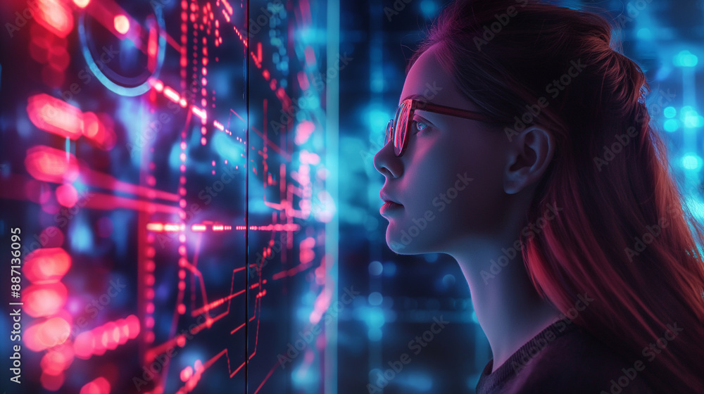 Poster a side profile of a female it expert, analyzing cyber security data with ai-generated graphics illus