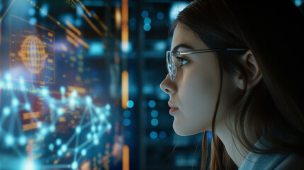Naklejka premium A female IT specialist in side profile, with floating holographic visuals representing AI cyber security threats, emphasizing her role in data protection.