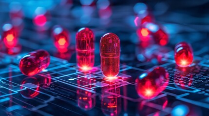 Red capsules on a digital circuit board background with glowing lights