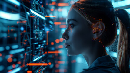 A side profile of a female IT professional, surrounded by augmented reality graphics of AI-driven cyber threats, creating a visually complex and informative banner.