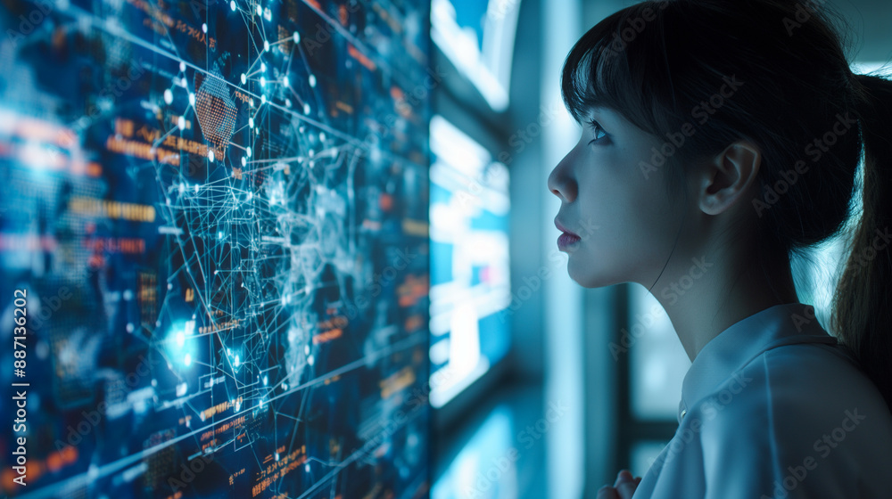Poster a side profile of a female it expert, analyzing data amidst holographic visuals of ai-driven cyber t