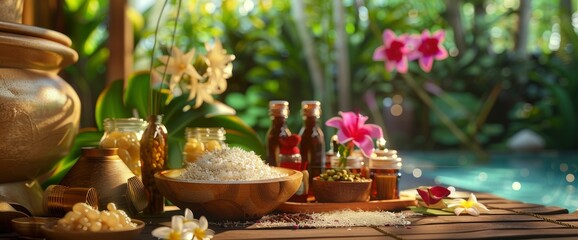 Fototapeta premium Thai Massage Ingredients For A Spa Herbal Aromatherapy Session In A Luxury Resort, Providing A Fresh And Soothing Aroma