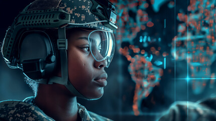 Side profile of a black female military soldier, her intense focus on an AI-driven control system, highlighting the role of artificial intelligence in enhancing military precision.