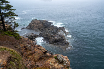 Rocky Coastline in Foggy Weather. Acadia Maine. A rugged coastline with large rocks is seen from a high vantage point. The water is choppy with whitecaps. A thin layer of fog hangs in the air.