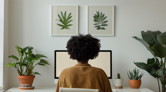 Young woman is seated at her home office desk, working on her desktop computer