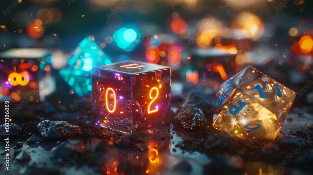 Leinwandbilder A close-up of glowing dice with the numbers 2022 displayed on one of the dice.