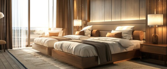 A Queen And King Bed In A Hotel, Showcasing Service And Hospitality In A 3D Rendering, Ensuring Comfort And Luxury