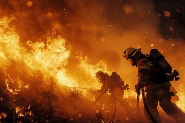 firefighters battling aa blazing fire showcasing the risk and danger of inferno, with copy space