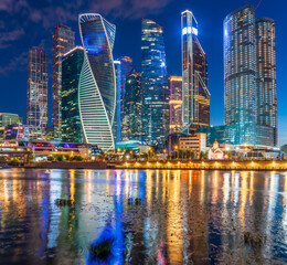 Obraz premium Moscow city at summer night. Modern skyscrapers in Moscow-city downtown. Moscow, Russia