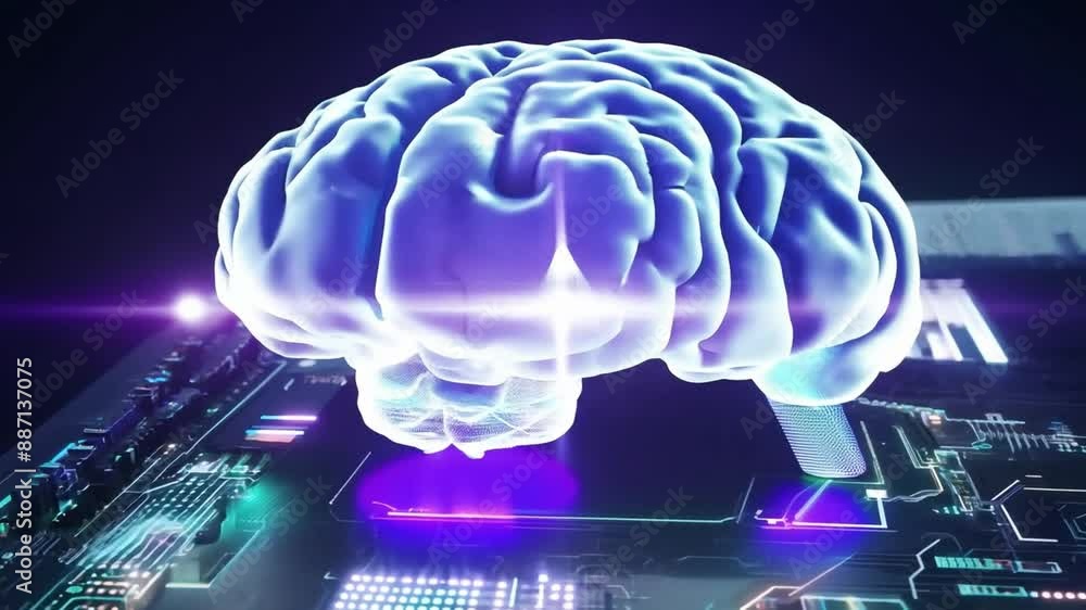 Poster a 3d rendering of a human brain in a translucent blue color sits on a circuit board.