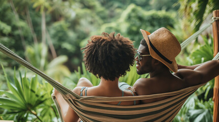 A young black African American couple relaxes in a hammock, surrounded by lush greenery, as they savor the peaceful moments of their romantic honeymoon summer vacation.