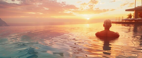 A Senior Man Relaxing In An Infinity Pool At Sunset, Feeling Serene And Rejuvenated