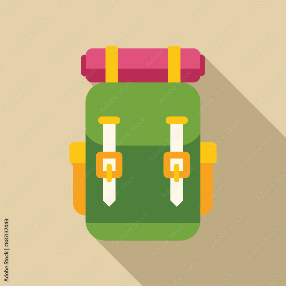 Sticker Green backpack with a pink sleeping bag attached to it, perfect for illustrating camping, hiking or any outdoor activity