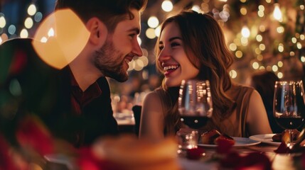 A couple laughs and shares a romantic evening together over wine at a dimly lit restaurant