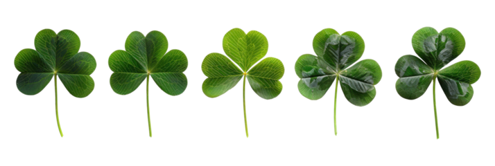 Collection set of green lucky clover and shamrock isolated on transparent background, Saint Patrick day celebration symbol, png file
