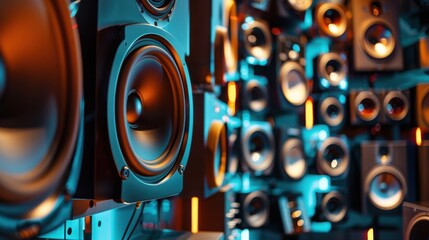 High-end audio equipment showroom, tech photography, with copy space
