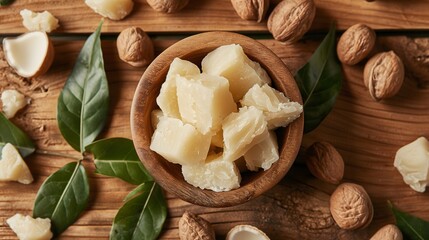 1. Raw shea butter chunks with a creamy texture, surrounded by shea nuts and leaves